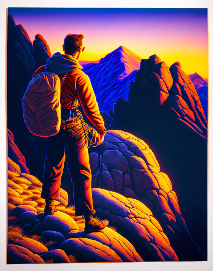 Person on rocky peak at sunset with vibrant purple and orange skies