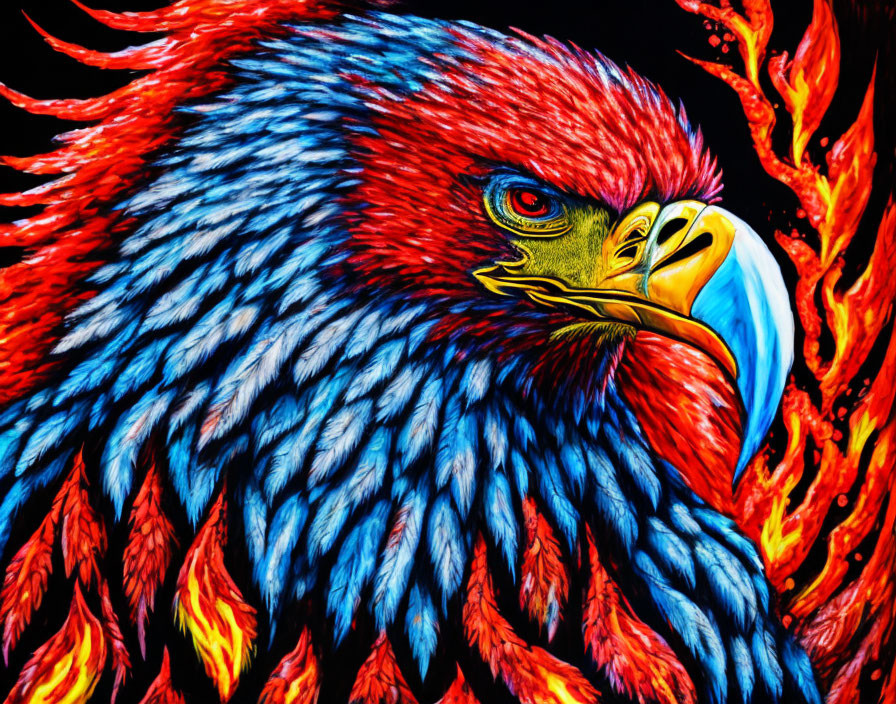 Colorful Eagle Painting Among Fiery Flames