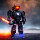 Futuristic robot with glowing red eyes and laser weapon on rugged terrain