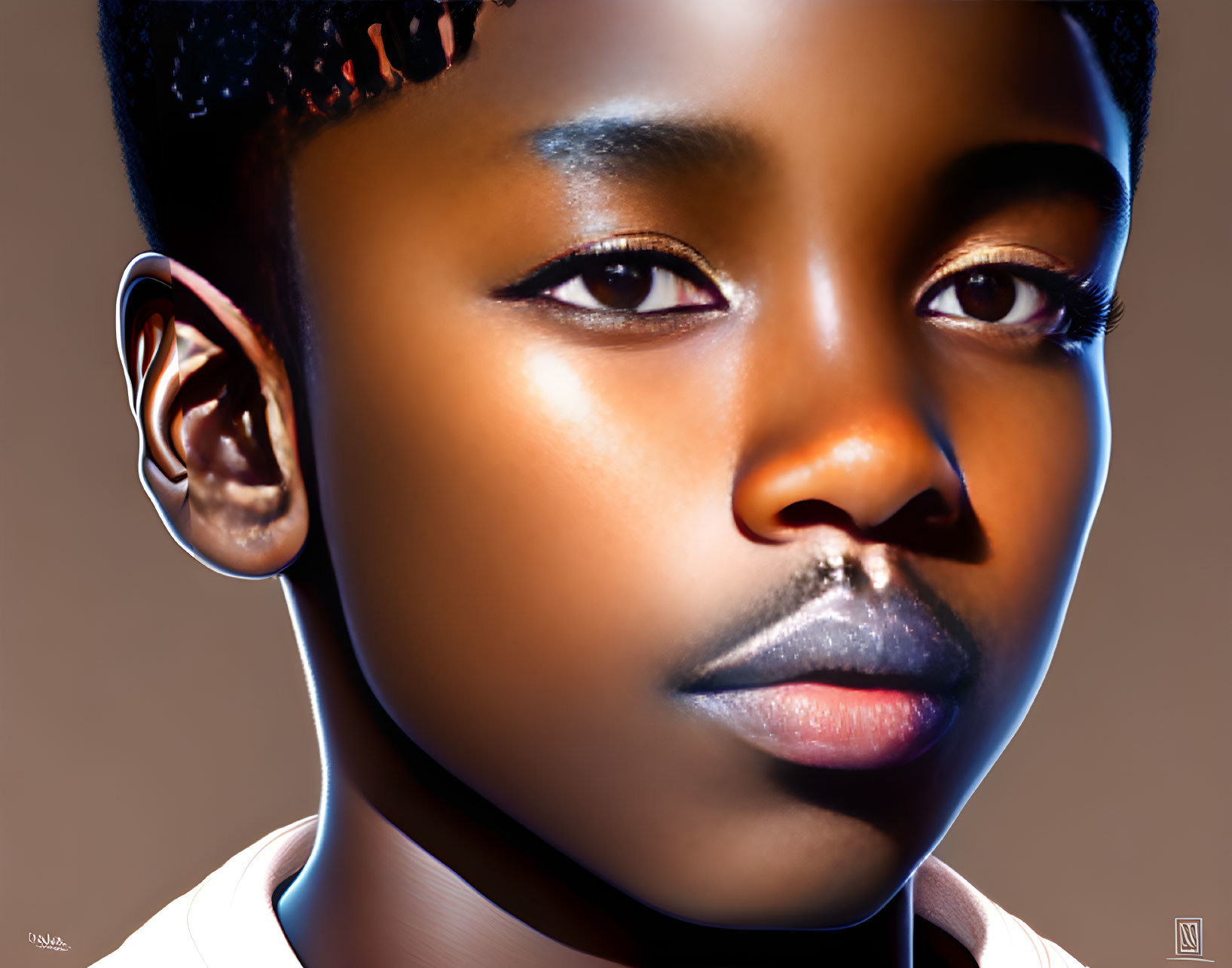 Portrait of young person with dark skin and distinct facial features.