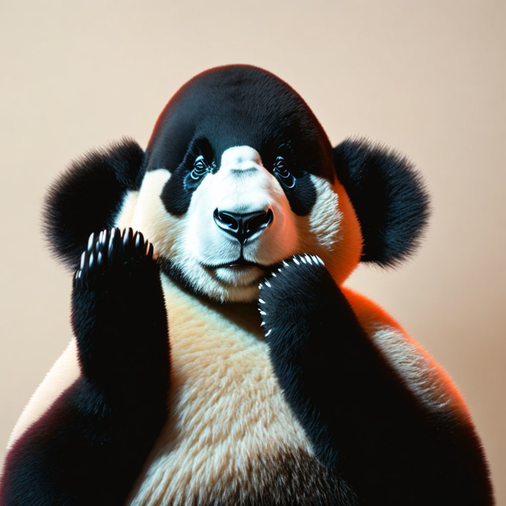 Person with panda head posing against neutral background.