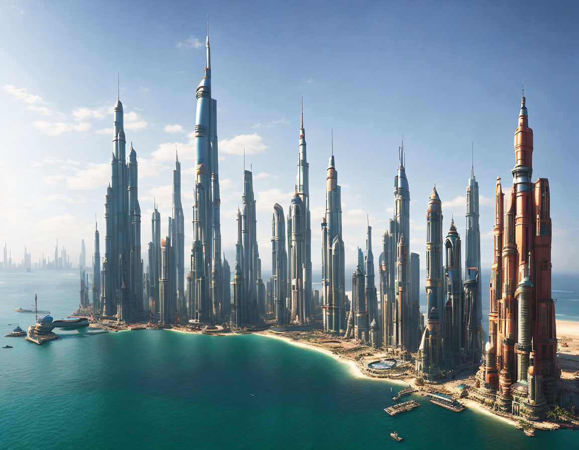 Futuristic cityscape with towering skyscrapers by tranquil blue bay