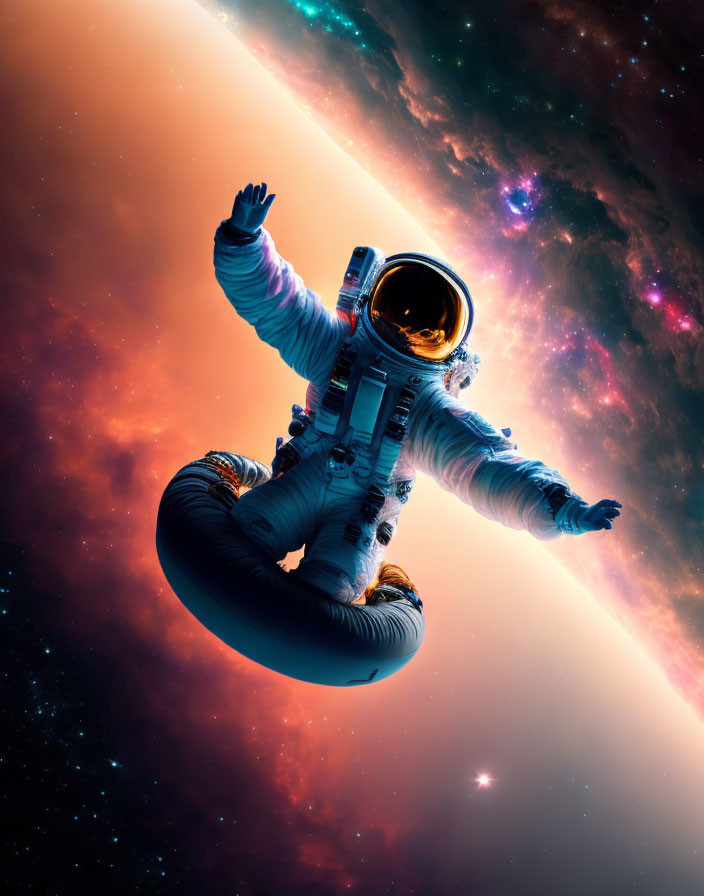 Astronaut in white spacesuit floating in vibrant cosmic space