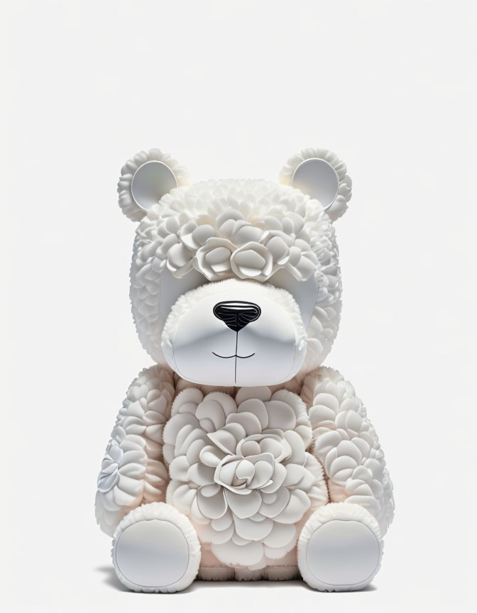 White Teddy Bear Sculpture with Flower-Like Pattern on Plain Background