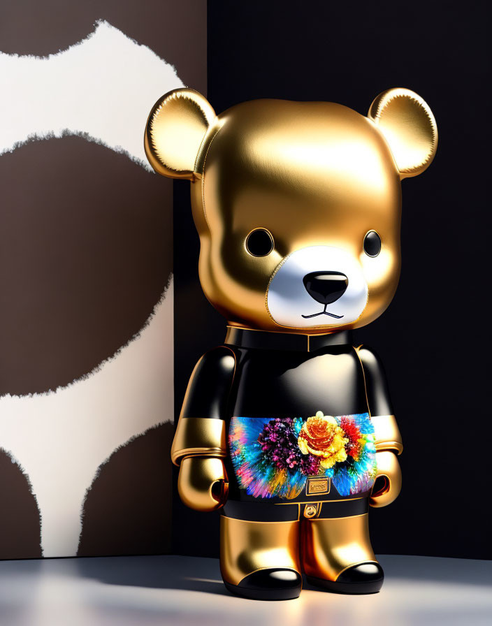 Golden Bear Figurine with Floral Design on Stomach