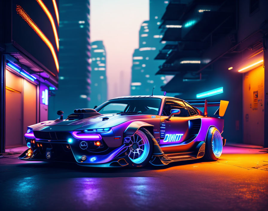 Vibrant purple and blue sports car in neon-lit urban alleyway