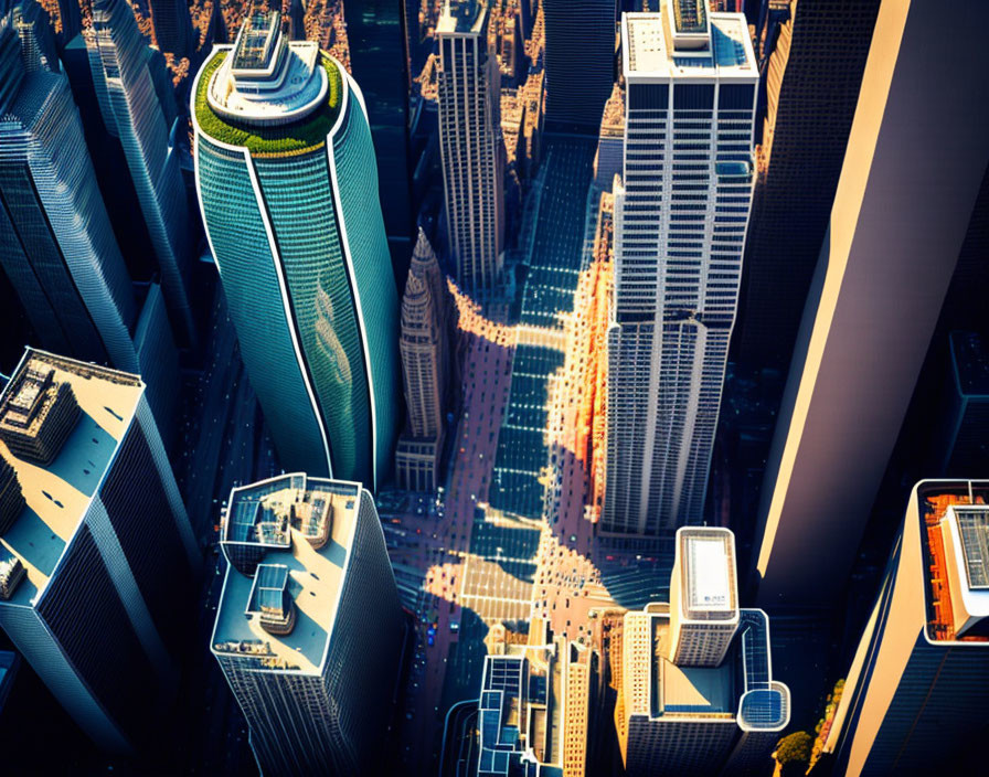 Densely built cityscape with towering skyscrapers at golden hour