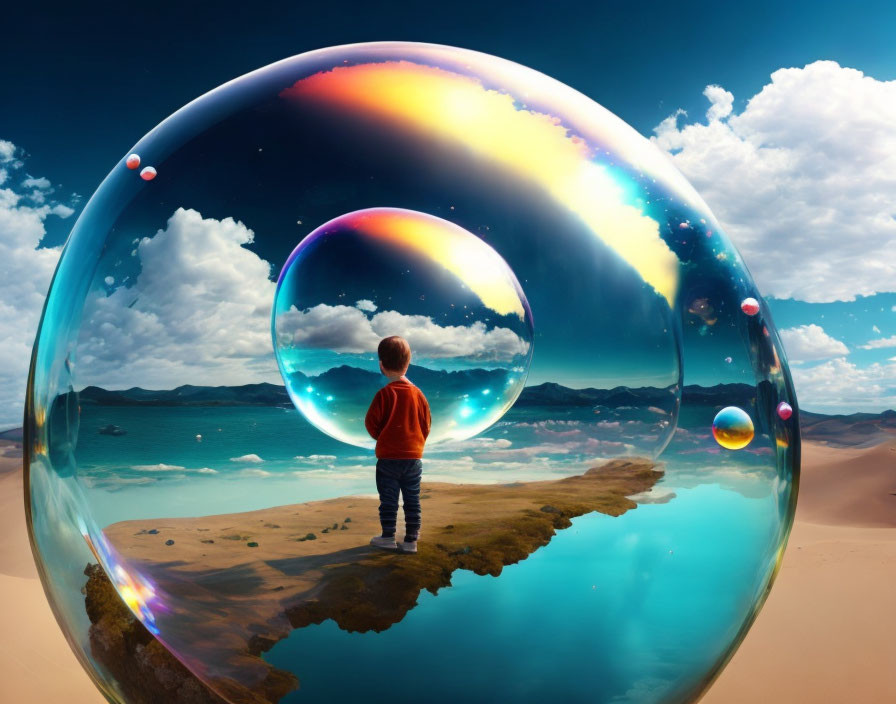 Child gazes at coastal landscape in large reflective soap bubble