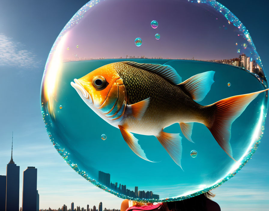 Golden fish in bubble over cityscape with blue sky and extra bubbles