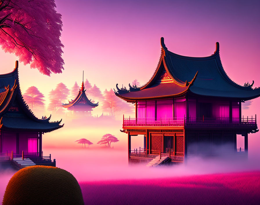 Asian Pagoda-Style Buildings in Mystical Landscape with Pink and Purple Hues