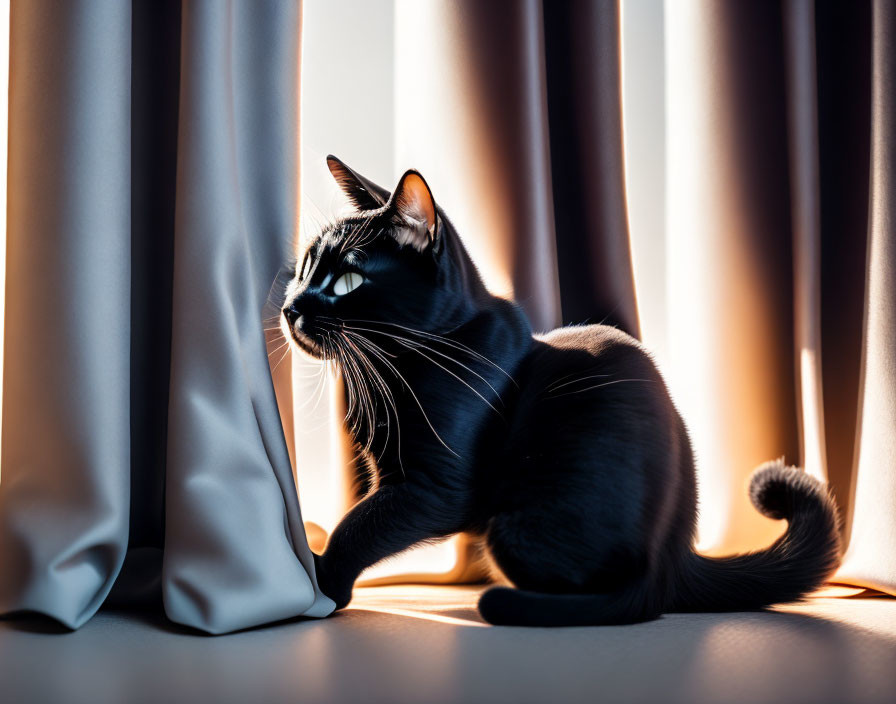 Black Cat with White Markings Sitting Beside a Curtain in Sunlight