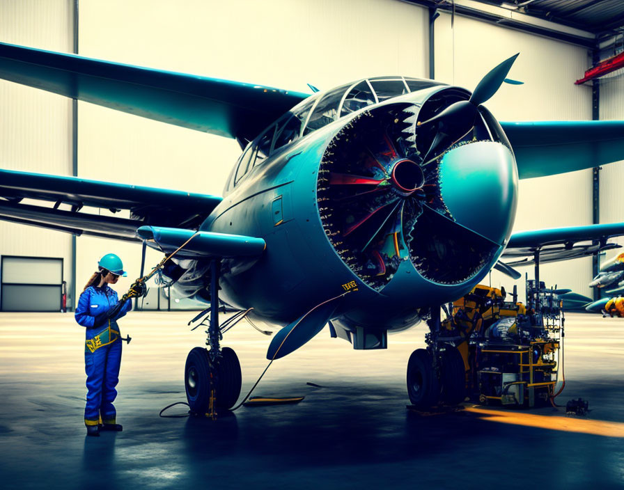 Technician in blue overalls inspecting turquoise propeller aircraft in hangar