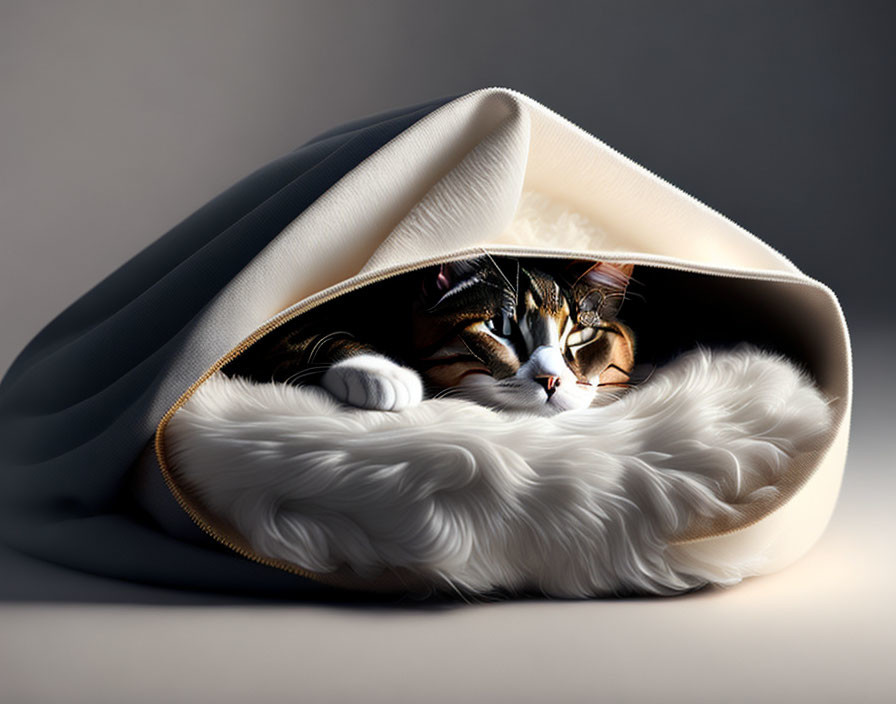 Fluffy cat in soft blanket under warm light