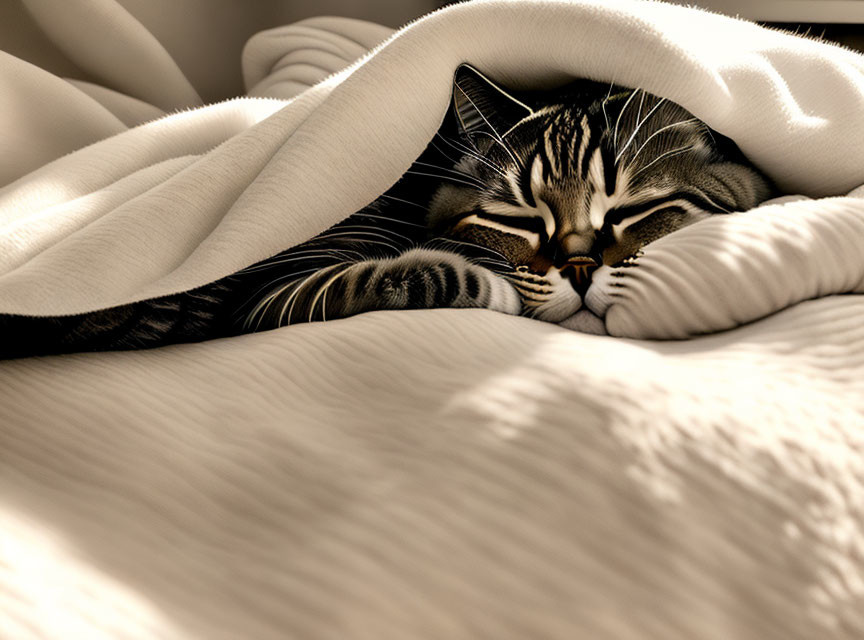 Tabby Cat Snuggled Under White Blanket on Soft Surface