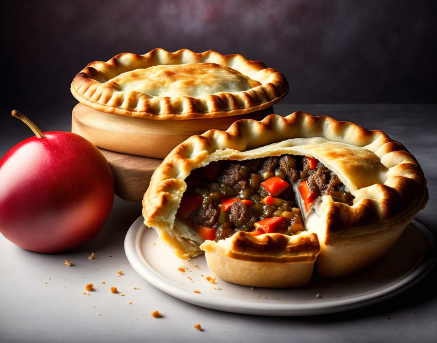 Flaky Crust Meat Pie with Beef and Vegetable Filling and Red Apple