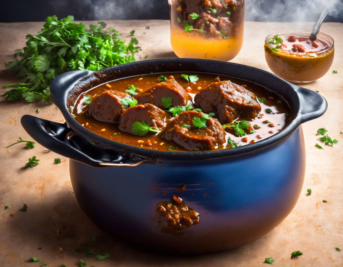 Hearty Sausage Stew with Fresh Cilantro and Sauce in Black Pot