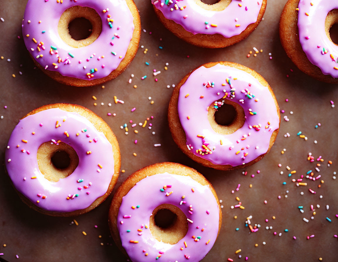 Pink-frosted donuts with colorful sprinkles on dark background