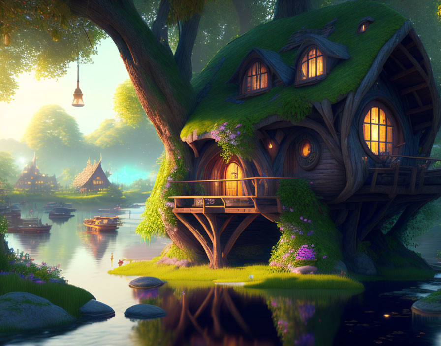 Fairytale cottage in lush forest by serene lake