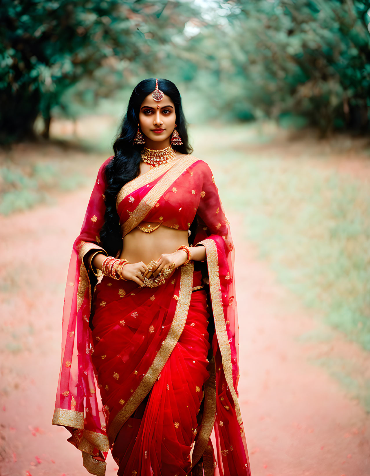 Traditional red saree woman in lush greenery with elegant jewelry and henna designs