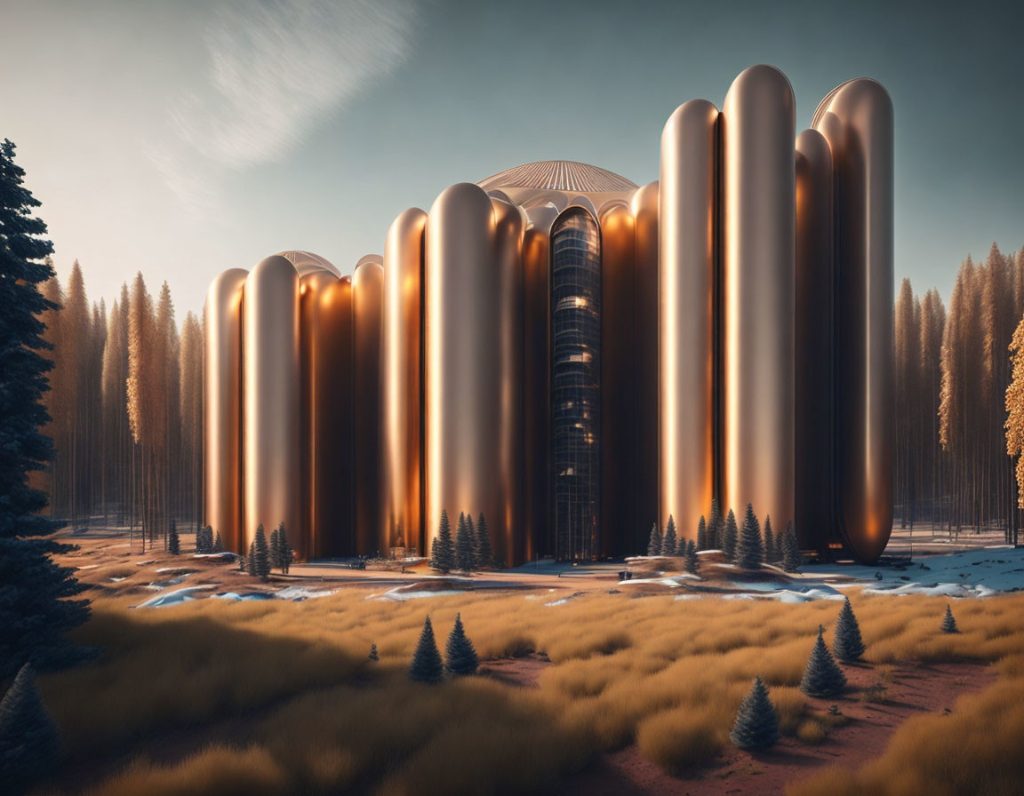 Futuristic cylindrical tower building in forest landscape under clear sky