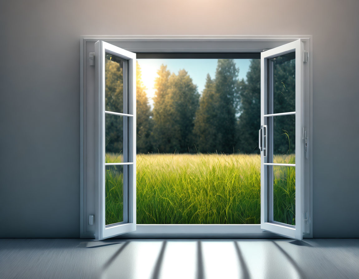 White window overlooking green field, trees, and blue sky with sunlight shadows.