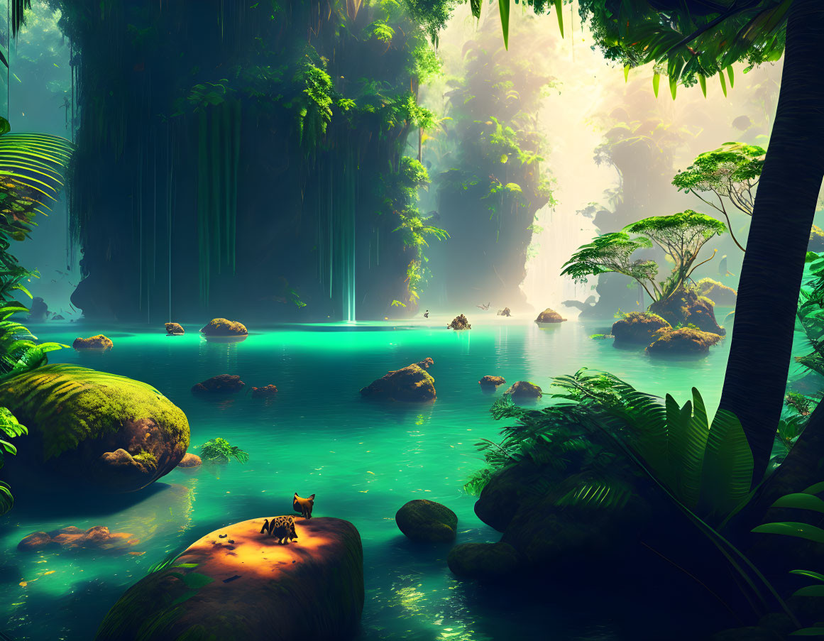 Mystical forest with vibrant greenery, serene river, floating rocks, and resting tiger