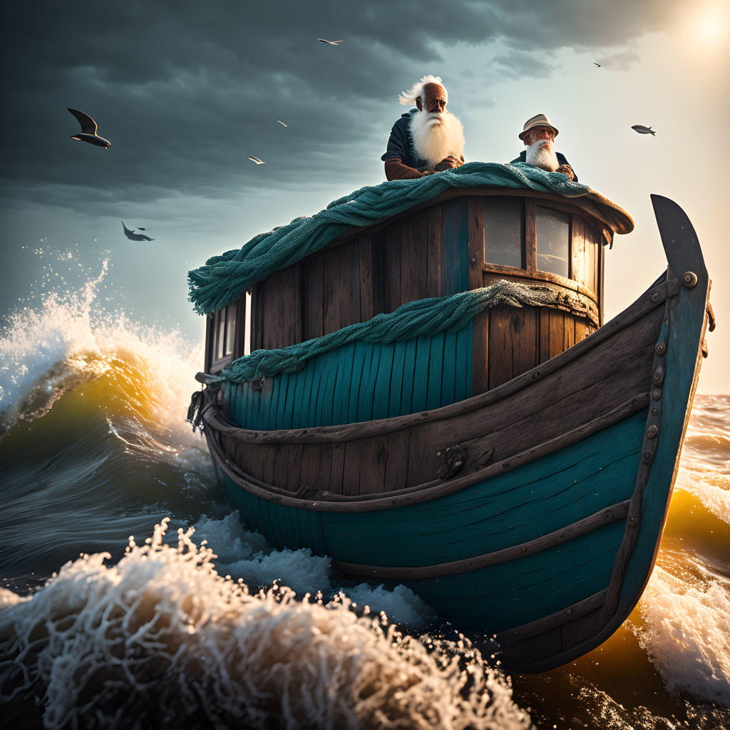 Men with beards in wooden boat on stormy seas with crashing waves and dramatic sky.