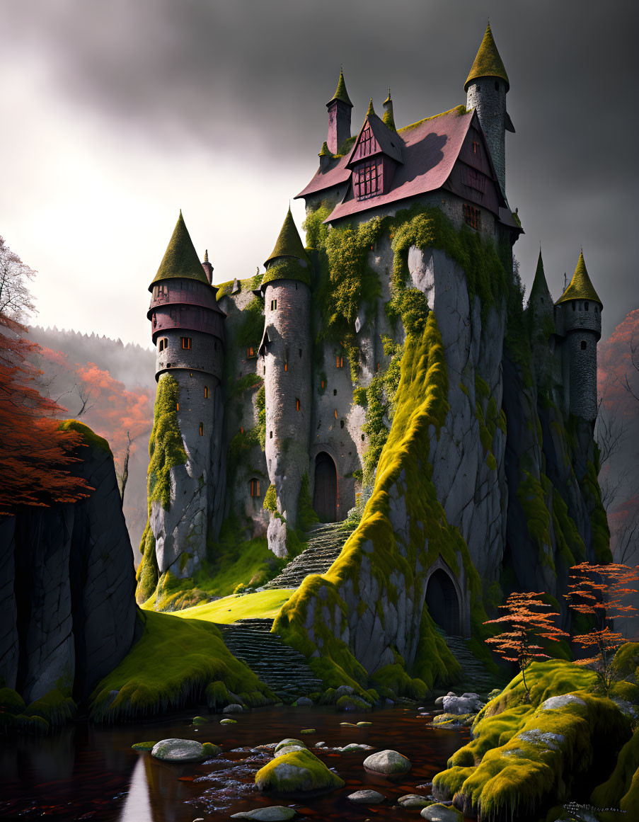 Mystical castle with spires on rocky hill in autumnal forest