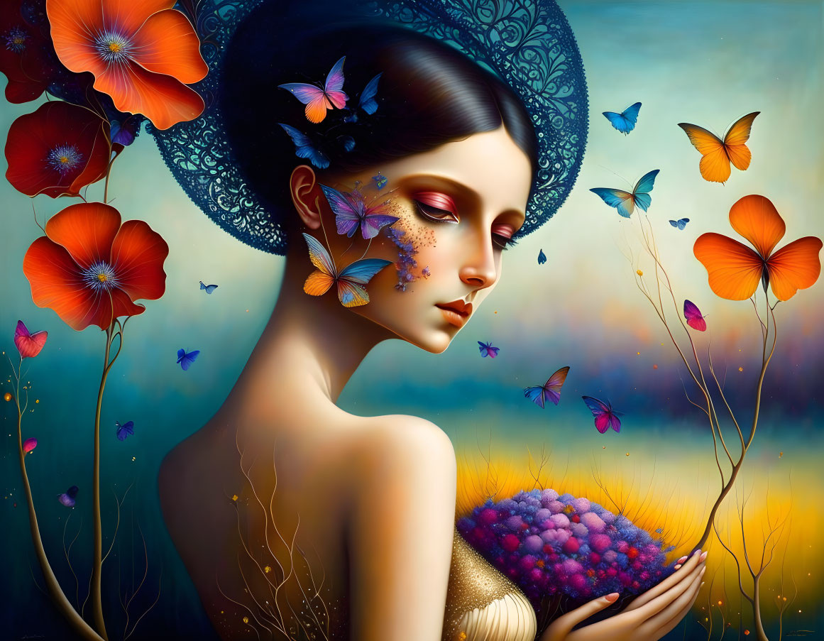 Woman with decorative hat surrounded by butterflies and bouquet with orange flowers on blue background.