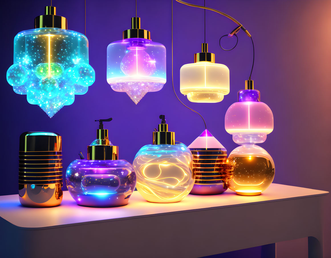 Vibrant cosmic-themed lamps with starry designs on white shelf