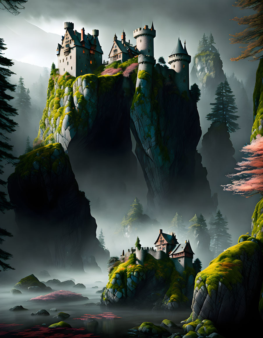 Majestic castle on steep cliff in fantasy landscape