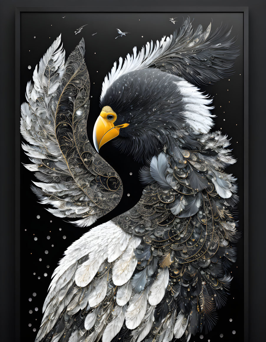 Detailed eagle illustration in dynamic pose with ornate feathers, realistic and fantastical elements on dark backdrop.