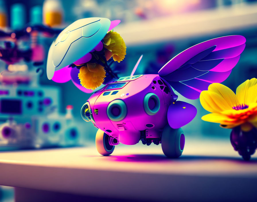 Colorful Illustration of Purple Robotic Bee in Laboratory Setting