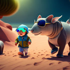 Stylish Cartoon Hippos in Sunglasses Walking in Colorful Desert Landscape