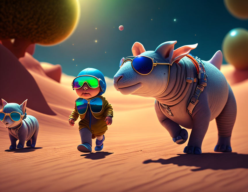 Stylish Cartoon Hippos in Sunglasses Walking in Colorful Desert Landscape