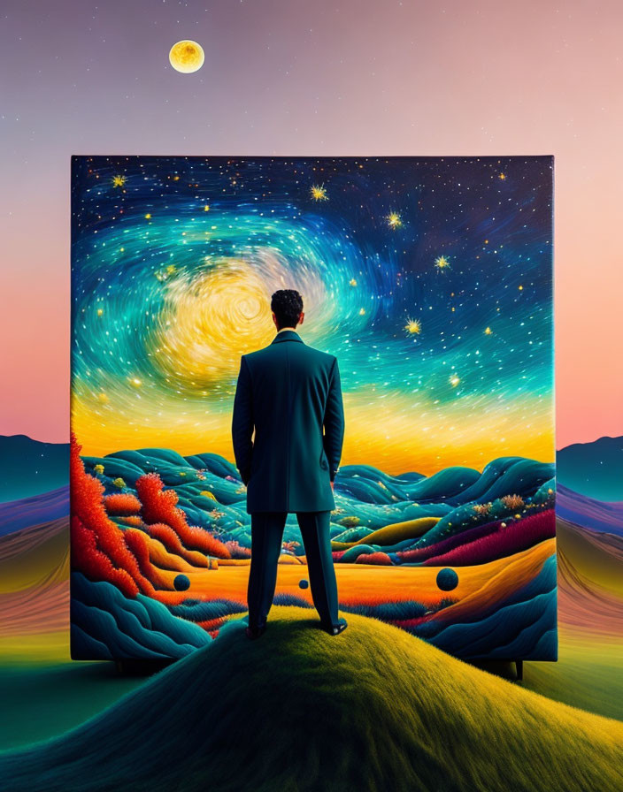 Man in suit admiring surreal painting of starry night sky and colorful hills.