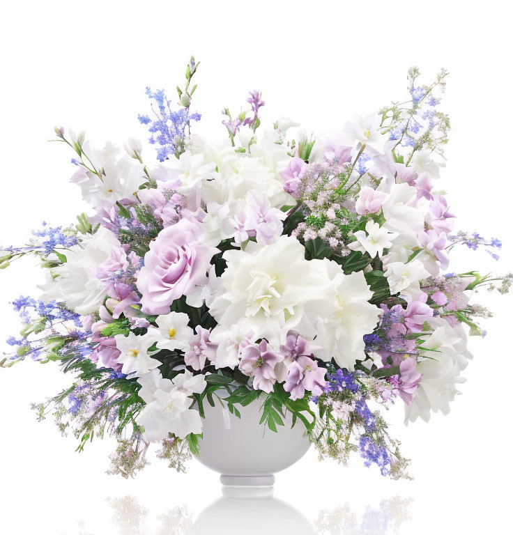 Mixed Flower Bouquet with White Lilies, Pink Roses, and Lavender Accents in White V