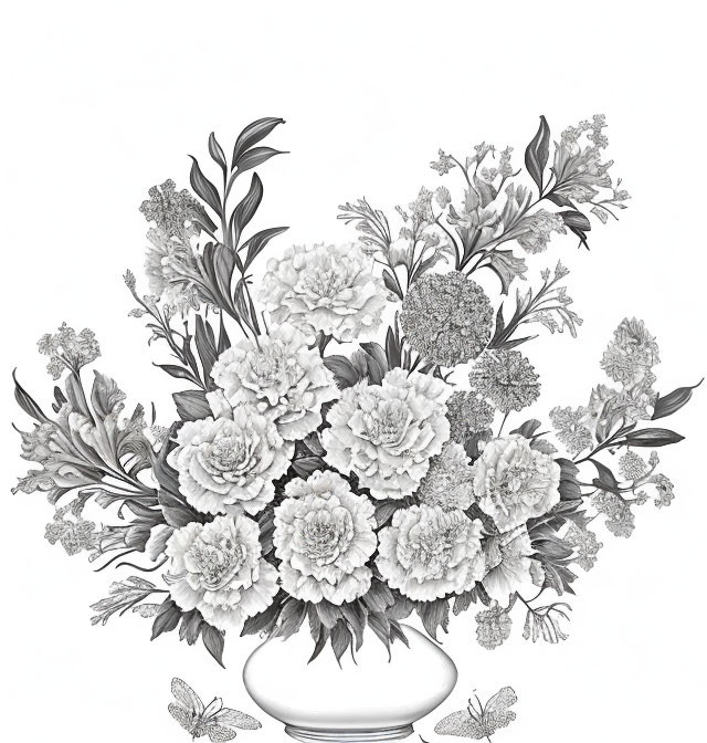 Monochrome illustration of lush bouquet with flowers, leaves, and butterflies in vase