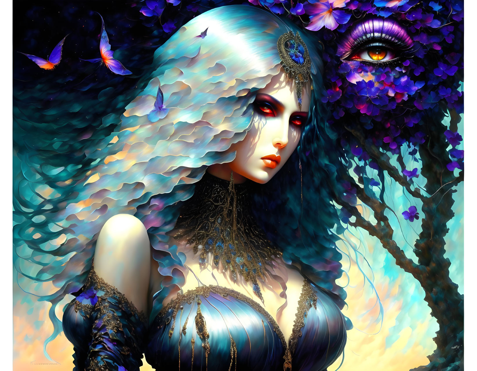 Fantastical female creature in blue armor surrounded by butterflies and flowers.