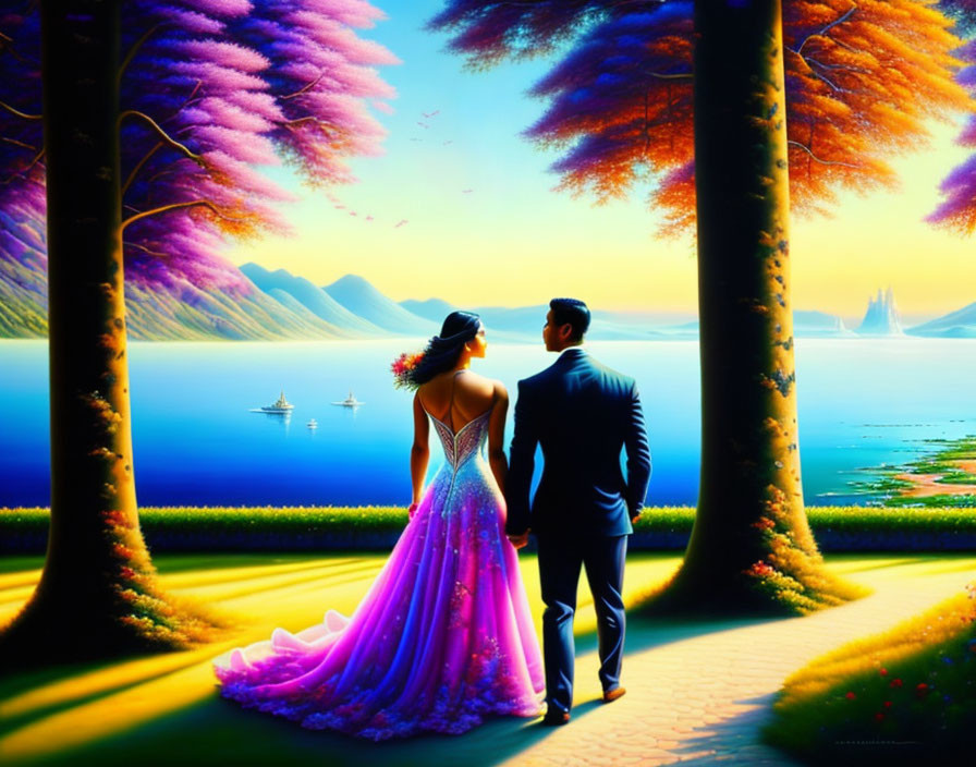 Formal Attired Couple Walking Towards Vibrant Sunset by Tranquil Lake