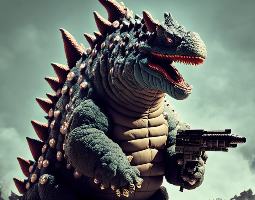 CGI illustration: Godzilla with gun under stormy sky