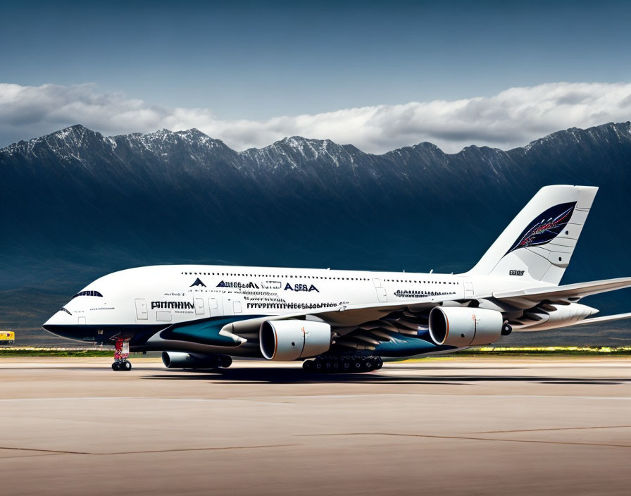 Commercial airplane on tarmac with mountains and clear sky