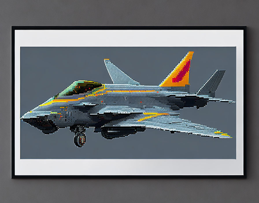 Pixelated jet fighter artwork: Gray body, yellow accents, fiery tail on white.