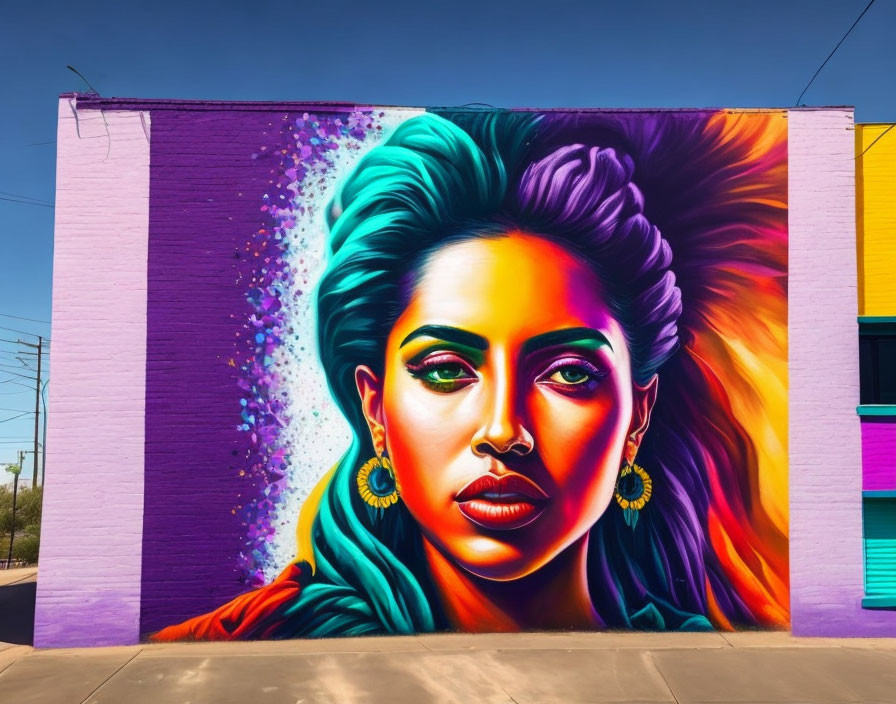 Colorful street art mural featuring a woman's face with vibrant hair and makeup