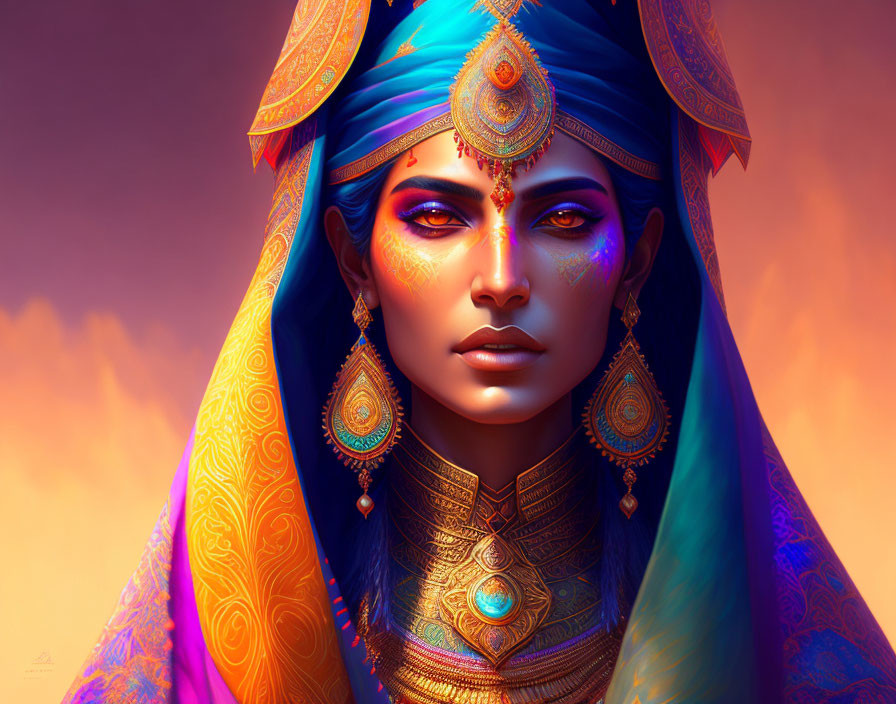 Vibrant blue-skinned woman in regal attire and mystical aura