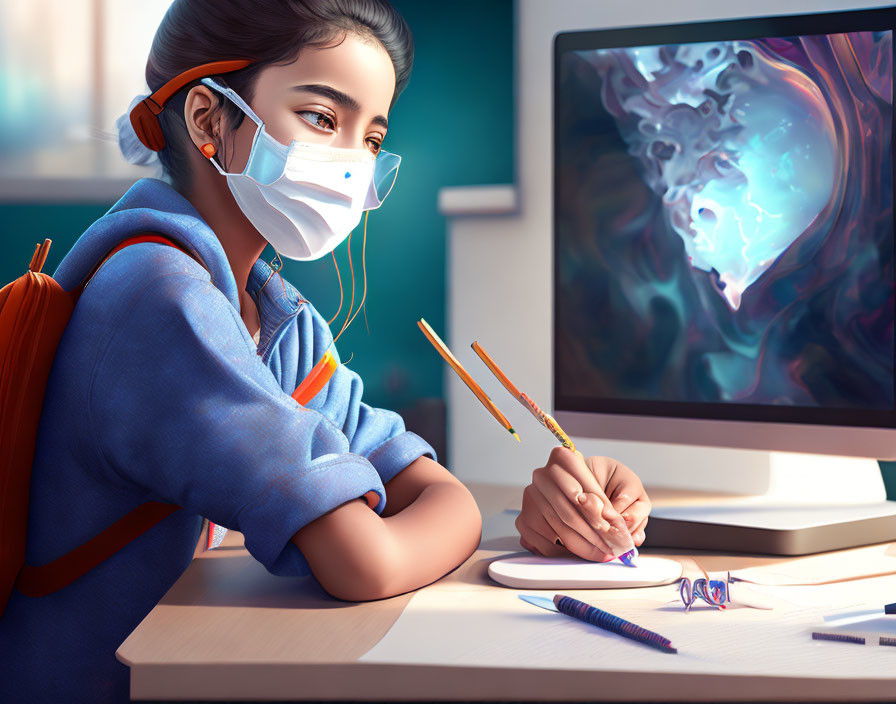 Student with mask and headphones writing notes at desk with colorful abstract art on computer screen