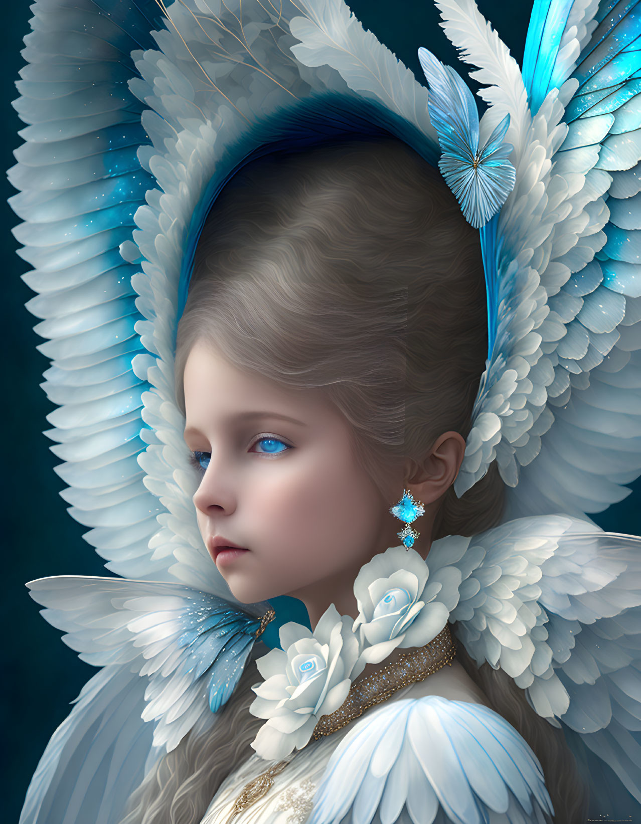 Young girl portrait with white and blue feathers, butterflies, and roses - surreal and ethereal theme