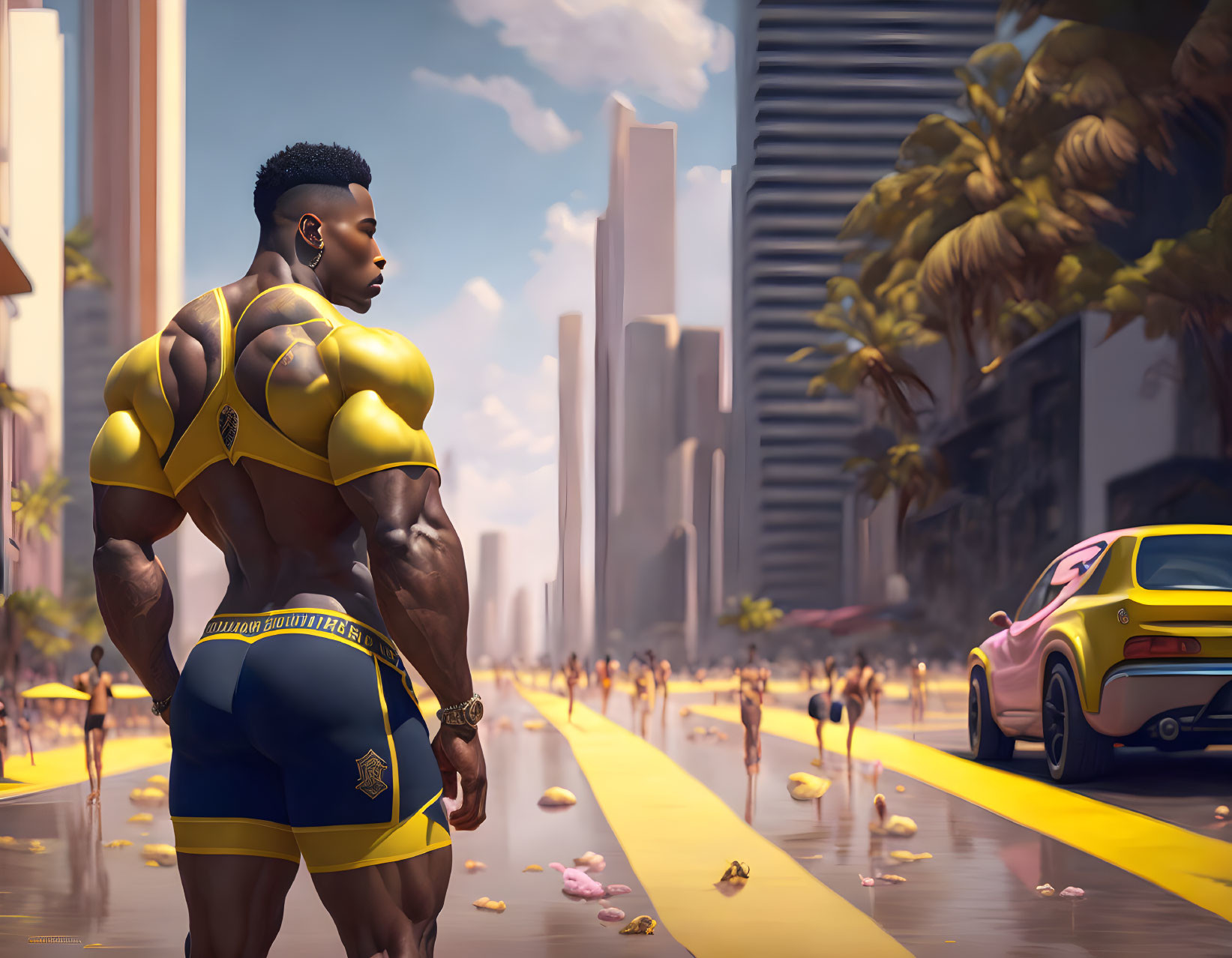 Muscular man in sports attire on sunlit city street with palm trees and futuristic cars