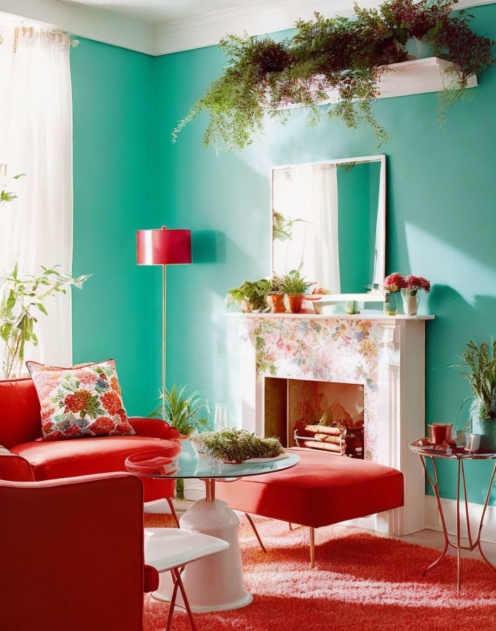 Vibrant living room with teal walls, red sofa, armchair, fireplace, mirror, green