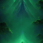 Figure in Luminescent Mushroom Forest Under Green Aurora Sky